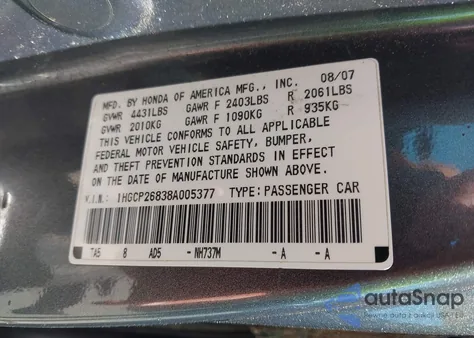 2008 Honda Accord 2.4 Ex-L from USA, damaged, VIN 1HGCP26838A005377